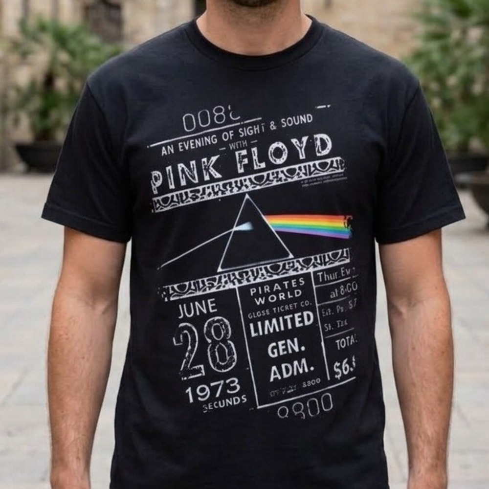 Pink Floyd Pirates World 1973 Concert Ticket Graphic T-Shirt Black Large